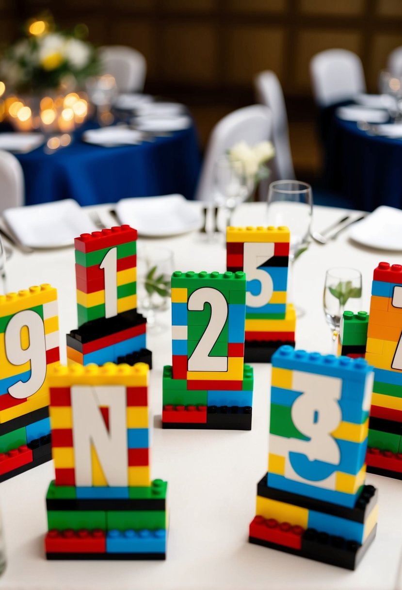 A series of LEGO-themed table numbers arranged on a wedding reception table, each featuring unique LEGO designs and colors