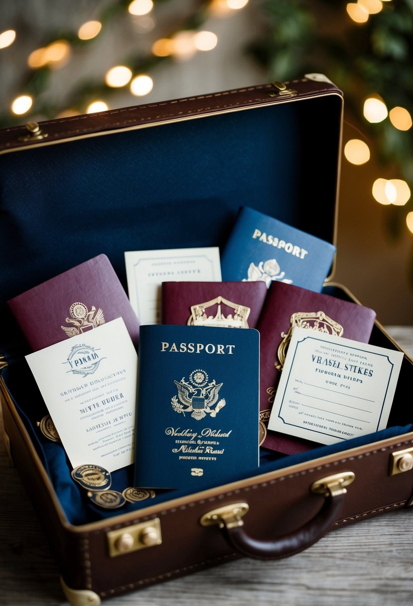 A vintage suitcase filled with passport-style wedding invites and travel-themed decorations