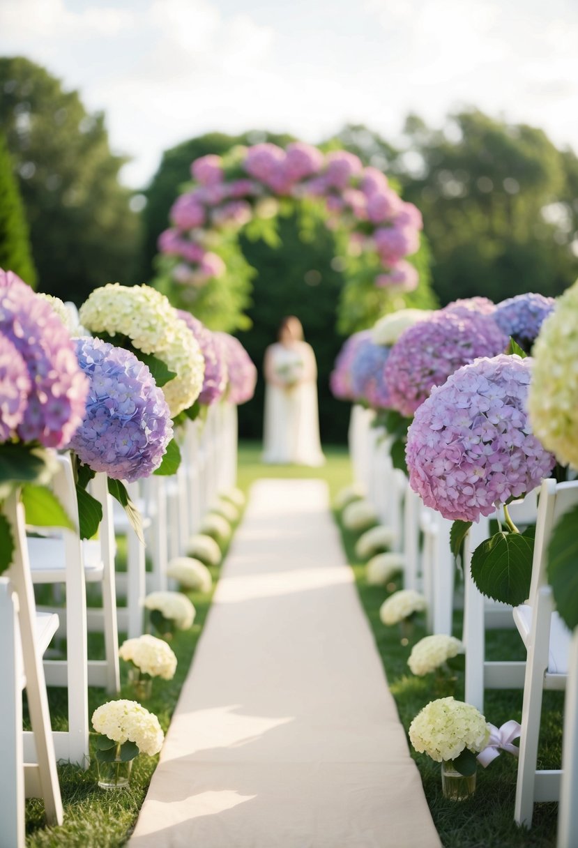 Hydrangeas line the outdoor wedding aisle, leading to the altar. The vibrant blooms create a picturesque scene for a romantic ceremony