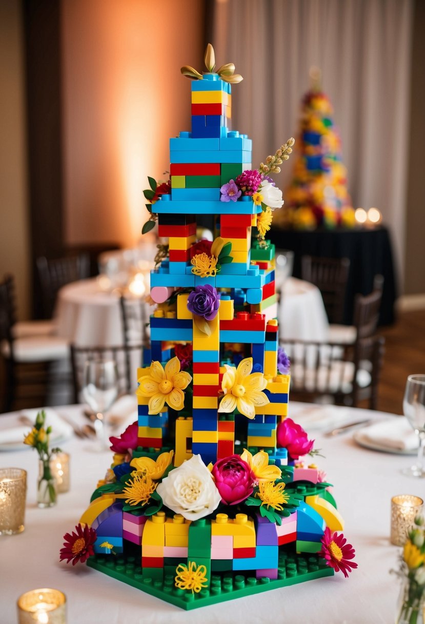 A colorful LEGO centerpiece adorned with flowers and intricate designs, set on a table at a wedding reception