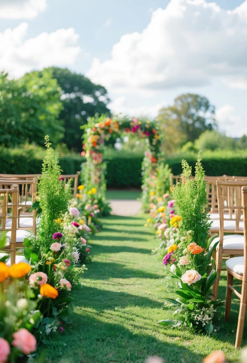 Lush greenery and colorful flowers line the outdoor wedding aisle, creating a vibrant and natural atmosphere