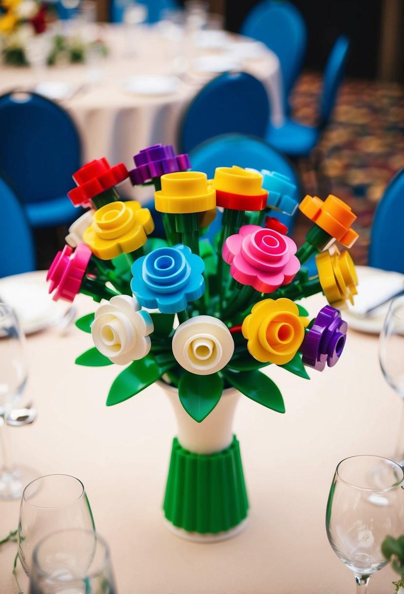 A colorful bouquet of LEGO flowers arranged in a vase for a wedding centerpiece