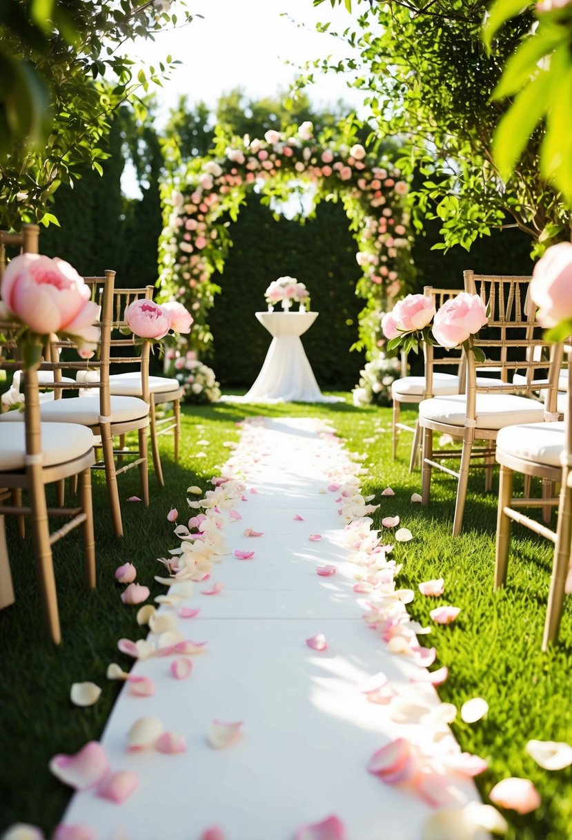 A winding pathway lined with peony and rose petals leads to an outdoor wedding altar. Sunlight filters through the foliage, creating a romantic and enchanting atmosphere