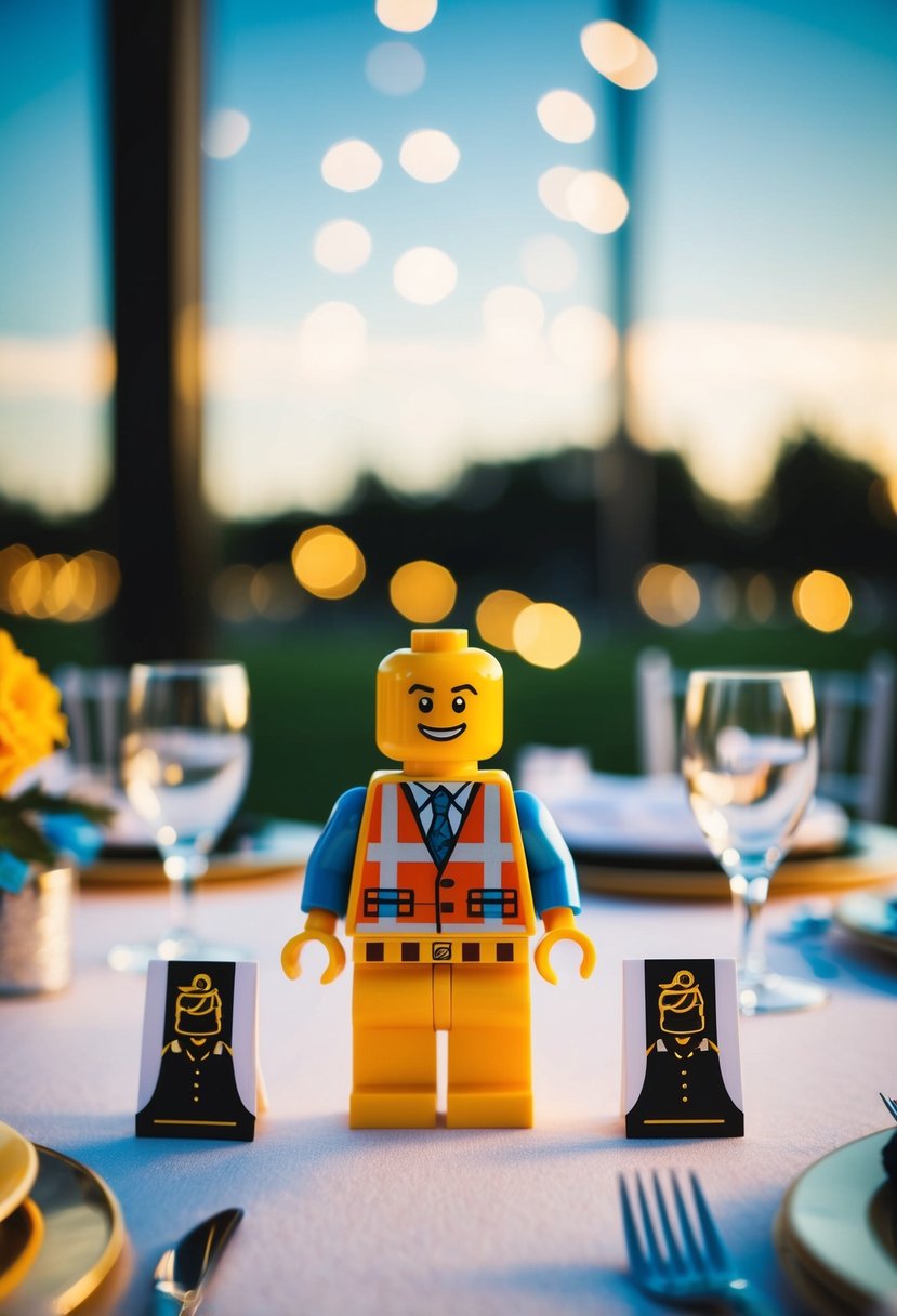 A table set with Lego minifigure place cards for a wedding