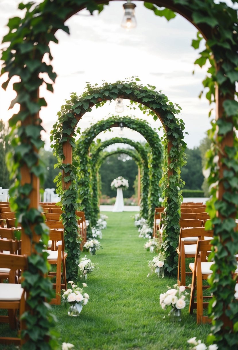 Ivy-covered wooden arches line the outdoor wedding aisle