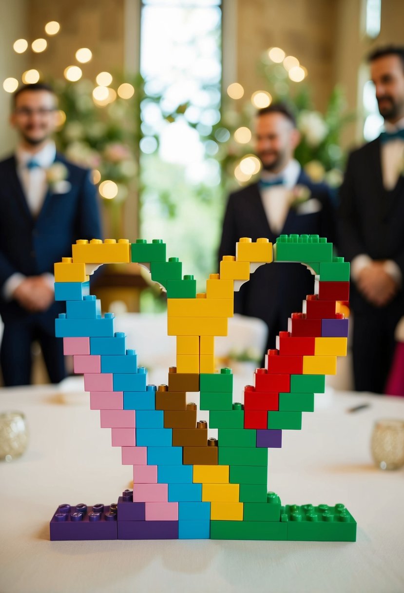 A colorful LEGO unity ceremony with interlocking bricks forming a heart, symbolizing the unity of two individuals in marriage