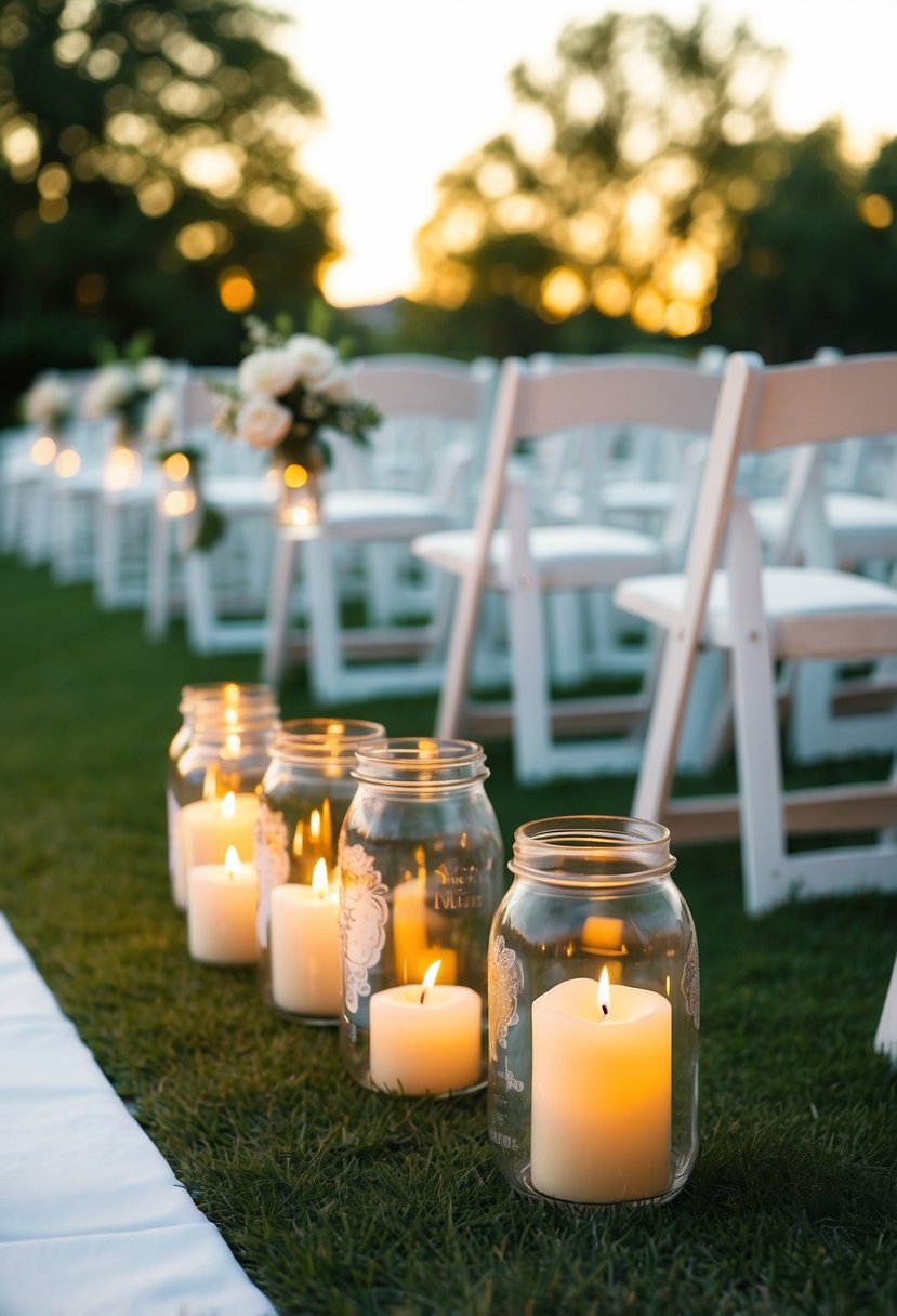 Glass jars with floating candles line the outdoor wedding aisle, casting a warm glow in the evening light