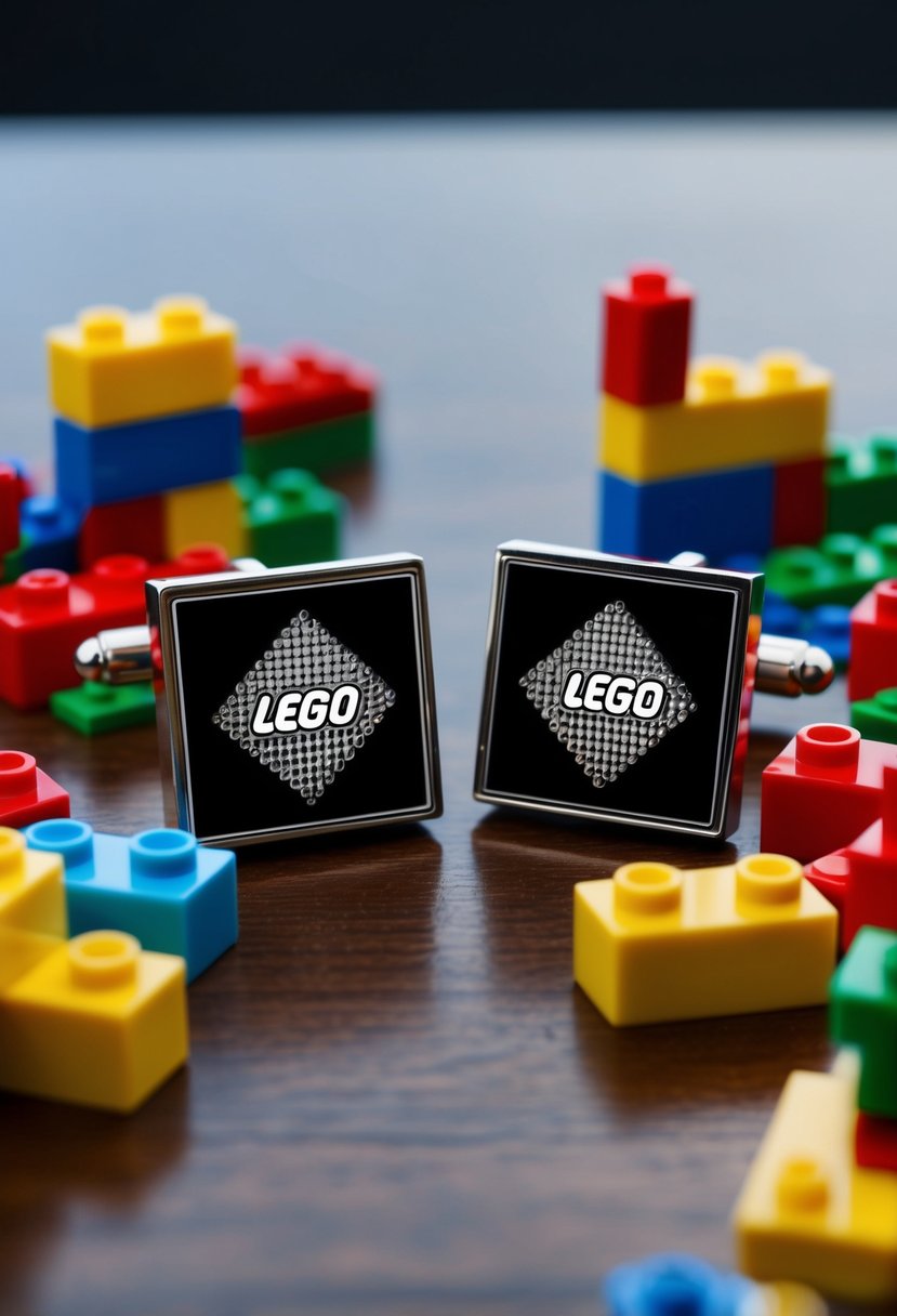 Two LEGO-engraved cufflinks arranged on a polished wooden surface, surrounded by colorful LEGO bricks and pieces