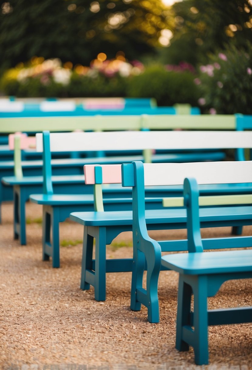 A row of painted benches arranged in a charming outdoor setting, creating a warm and communal atmosphere for a wedding aisle