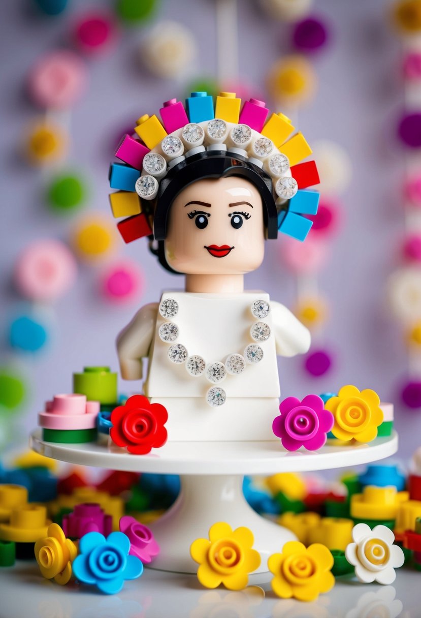 A LEGO bridal hairpiece displayed on a white pedestal, surrounded by colorful LEGO wedding decorations and flowers