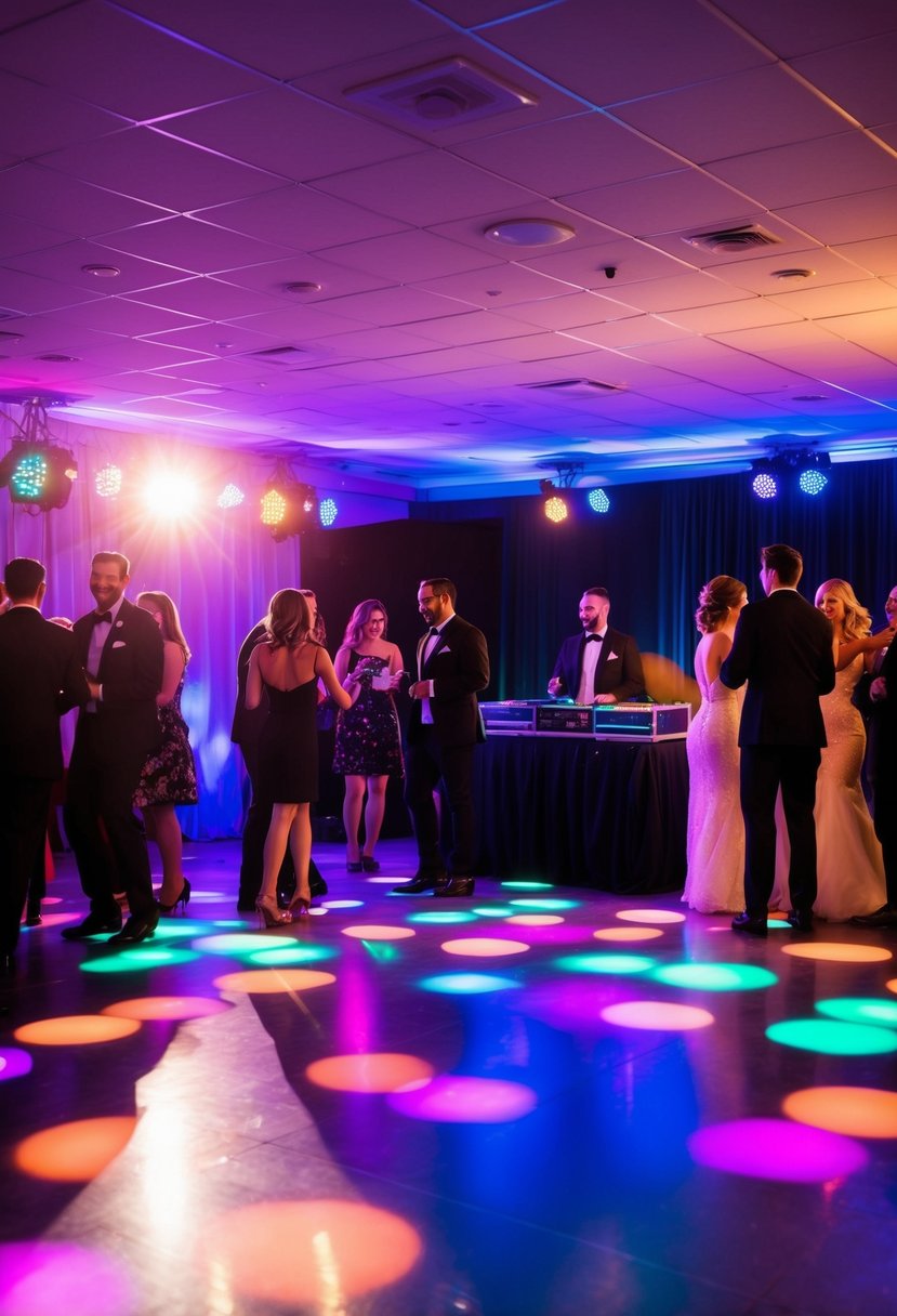 A lively dance floor with colorful lights, a DJ booth, and guests mingling at a wedding after-party