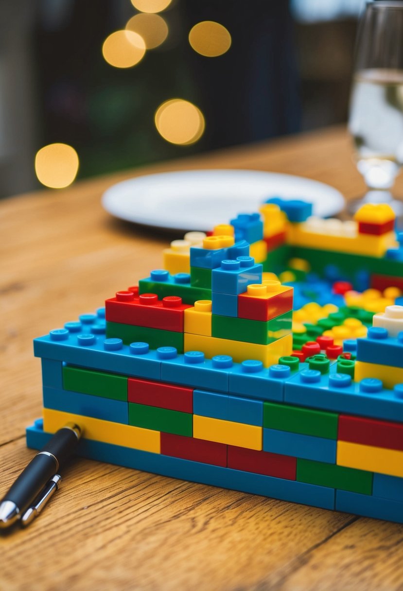 A LEGO guest book at a wedding, with colorful bricks and a pen for guests to sign