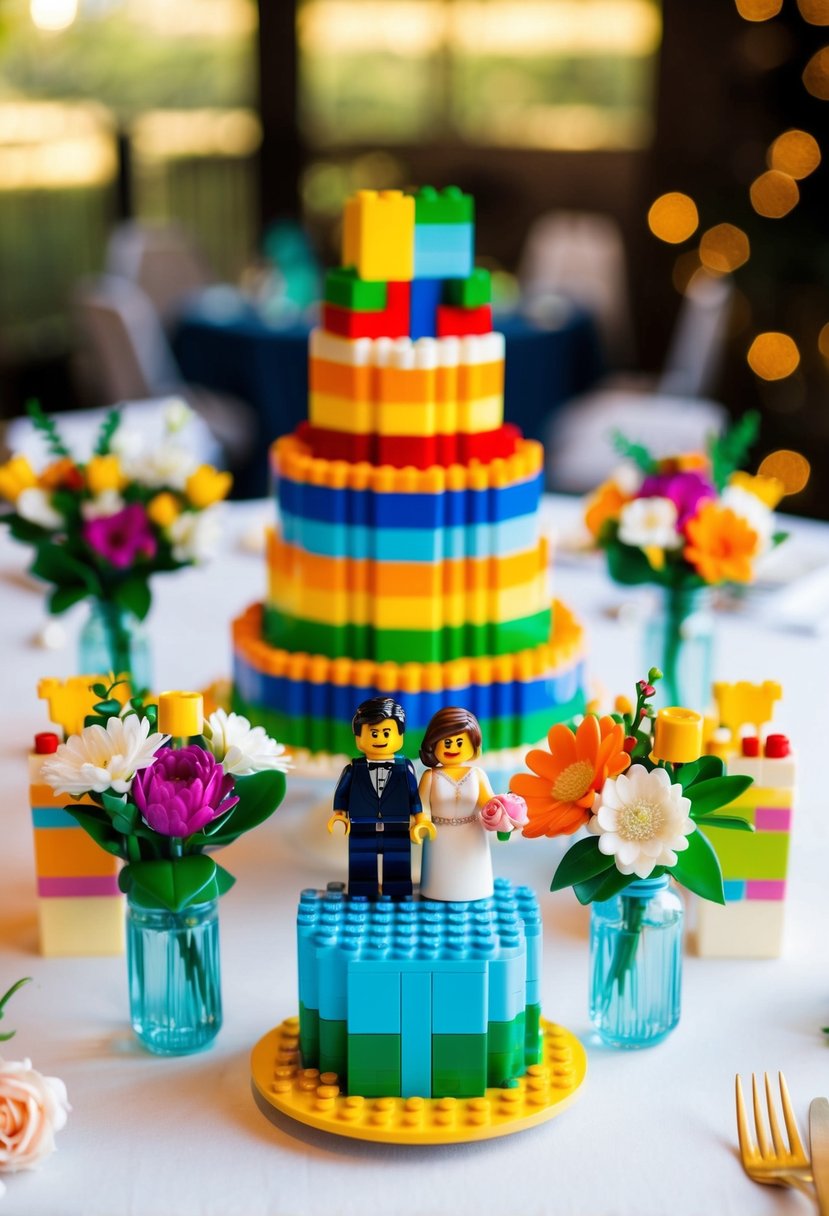 A table adorned with colorful LEGO wedding favors and decorations, including mini brick-built cakes, flower bouquets, and a bride and groom minifigure