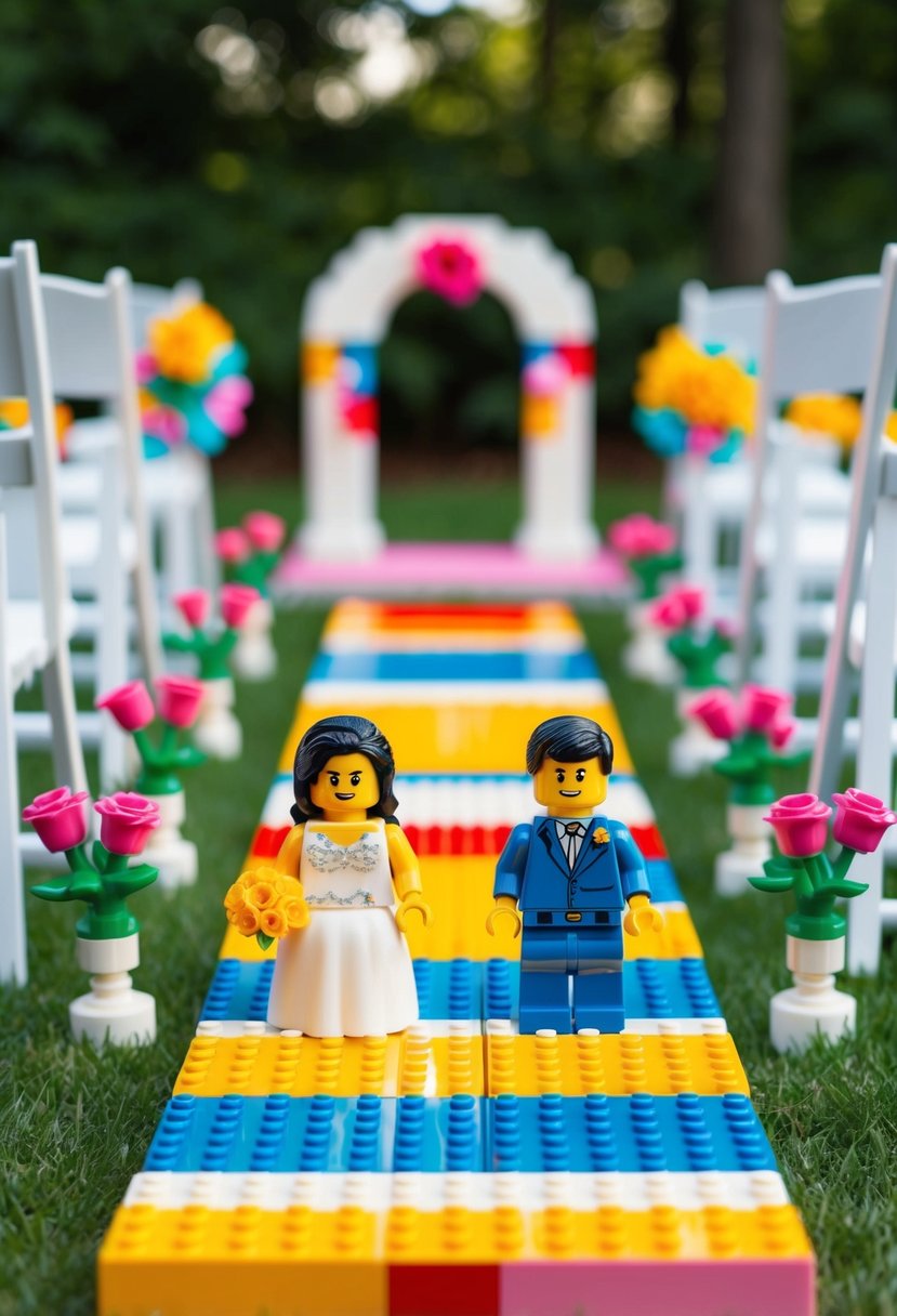 A colorful LEGO aisle with wedding-themed builds, including a LEGO arch, flowers, and a bride and groom minifigure