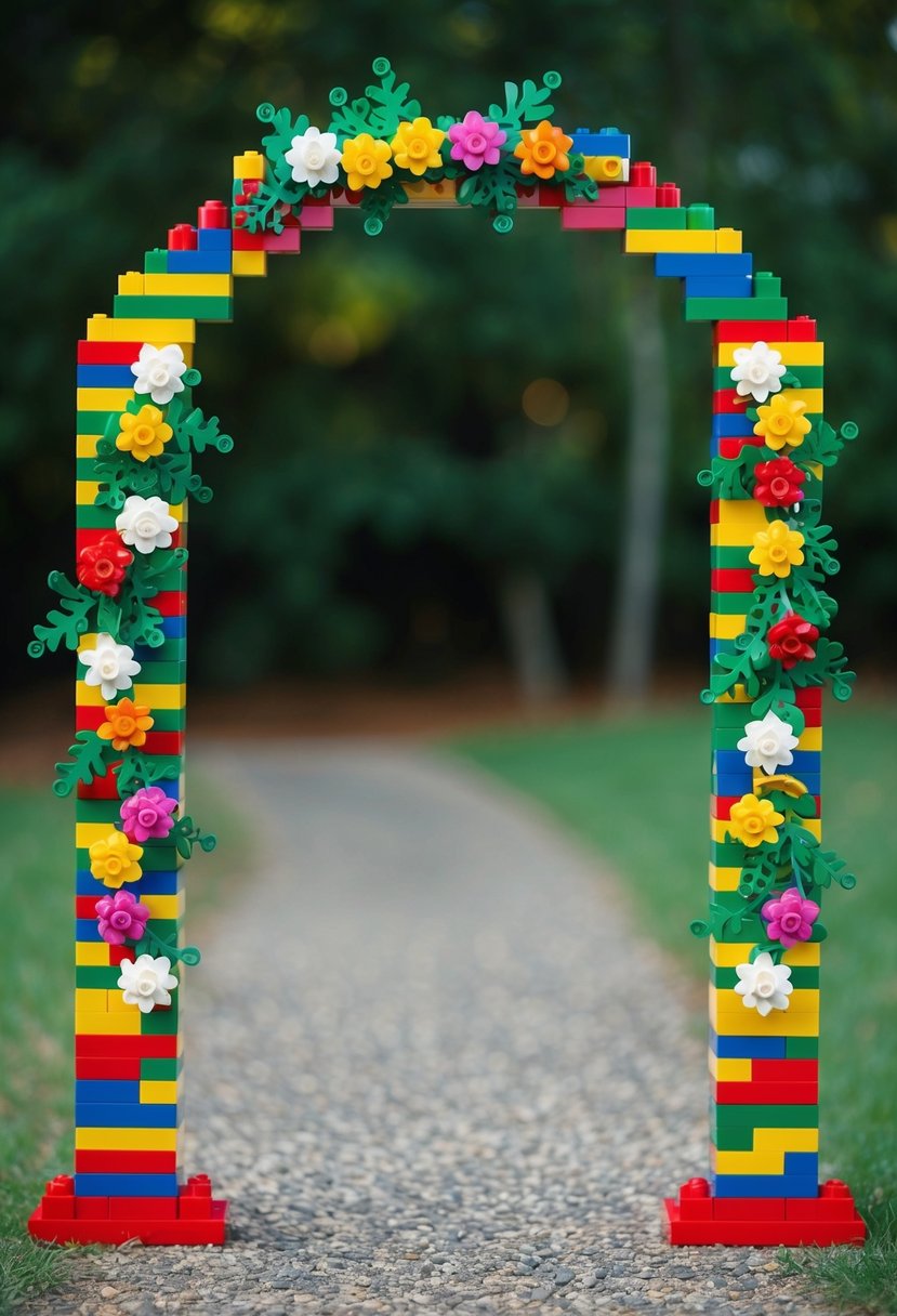 A festive wedding arch made entirely of LEGO bricks, adorned with a garland of colorful LEGO flowers and greenery