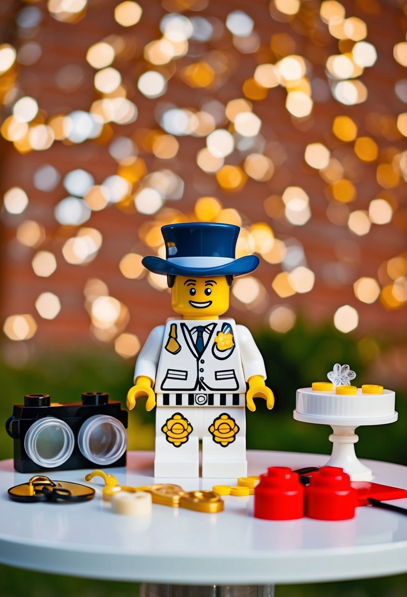 A wedding-themed LEGO photo booth with props and accessories