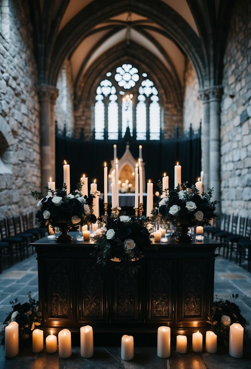 A dark, ornate wedding altar adorned with black roses and candlelight, set against a backdrop of ancient stone walls and gothic arches