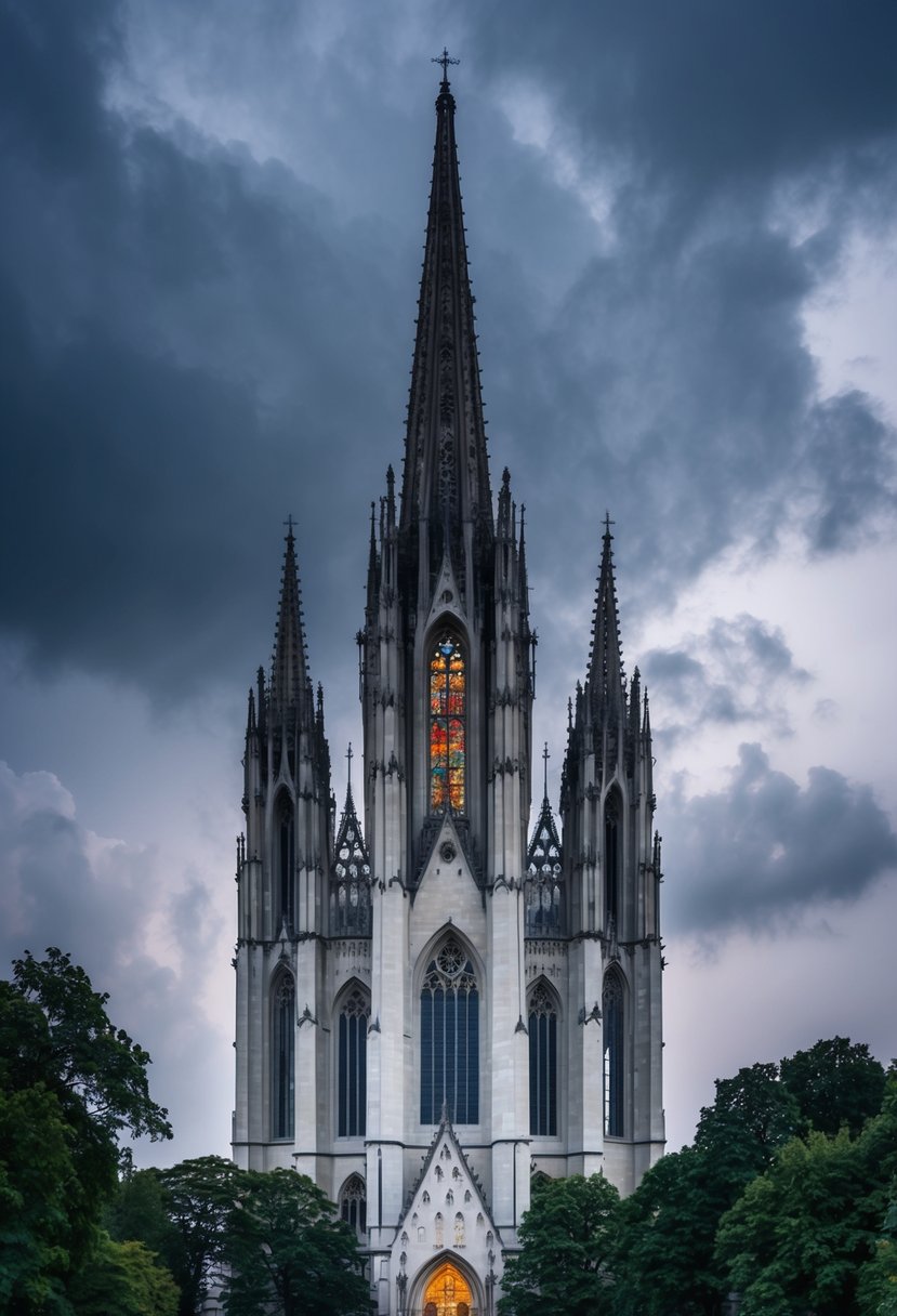 A grand gothic cathedral with towering spires and intricate stained glass windows, surrounded by a misty forest under a stormy sky