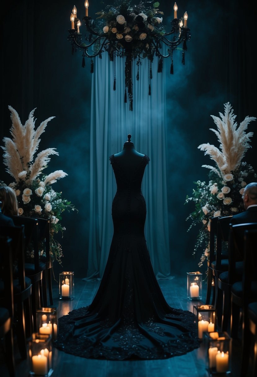 A dark, eerie wedding setting with a black dress, gothic decor, and moody lighting