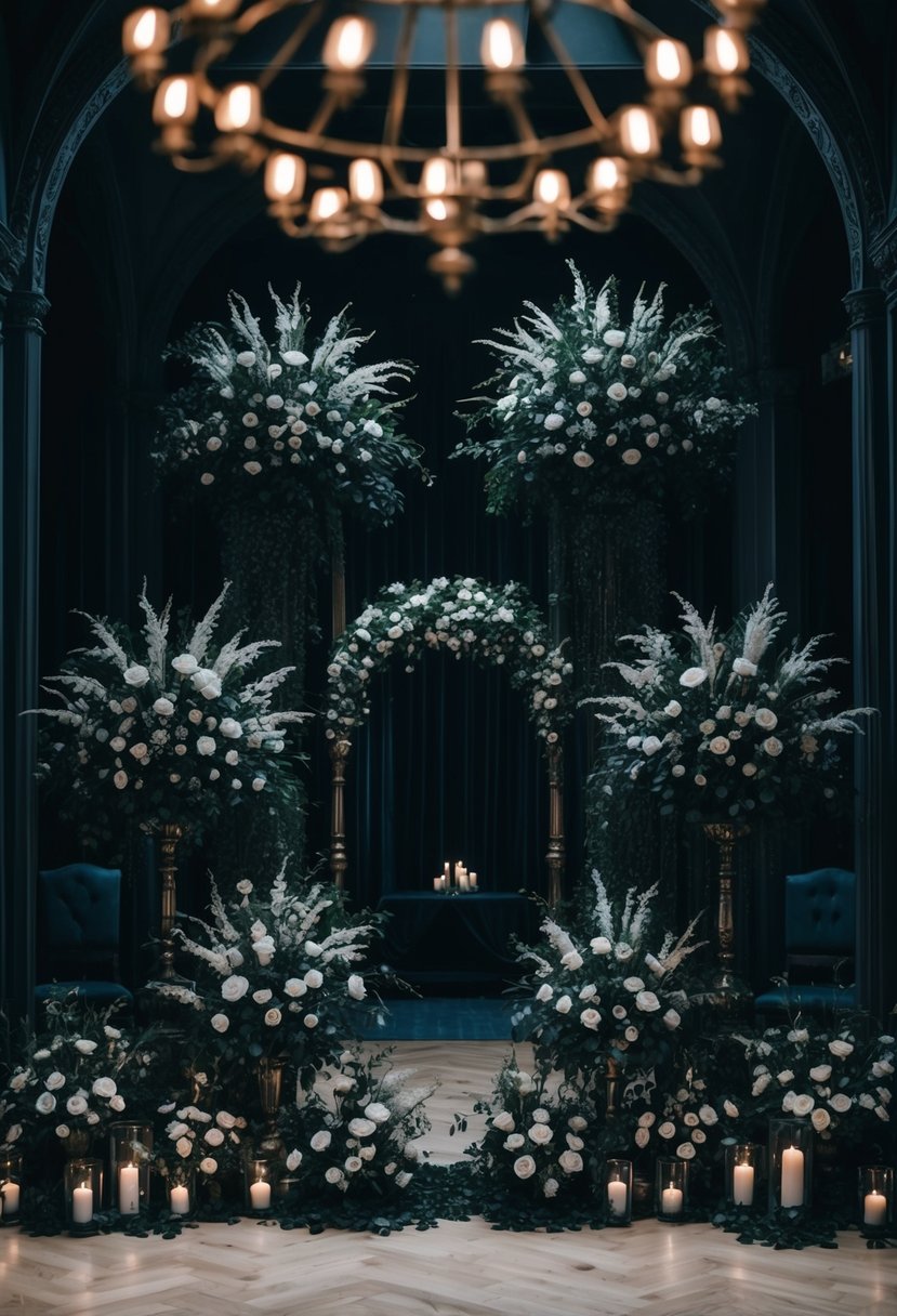 A dimly lit room with towering, dark floral arrangements, set against ornate gothic decor for a dramatic wedding scene