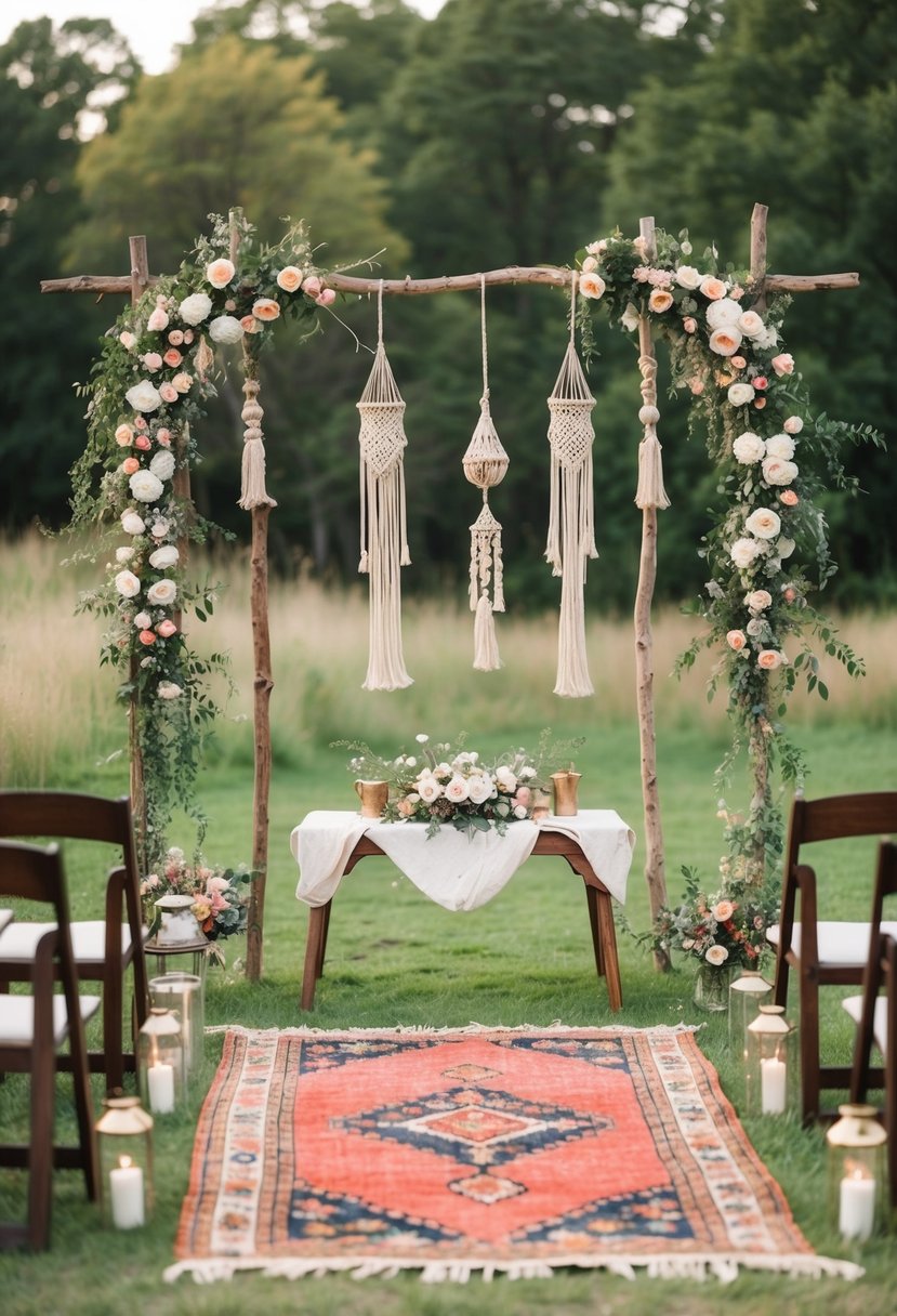 A bohemian wedding: A flower-filled archway frames a rustic outdoor setting with vintage rugs, macrame decor, and hanging lanterns