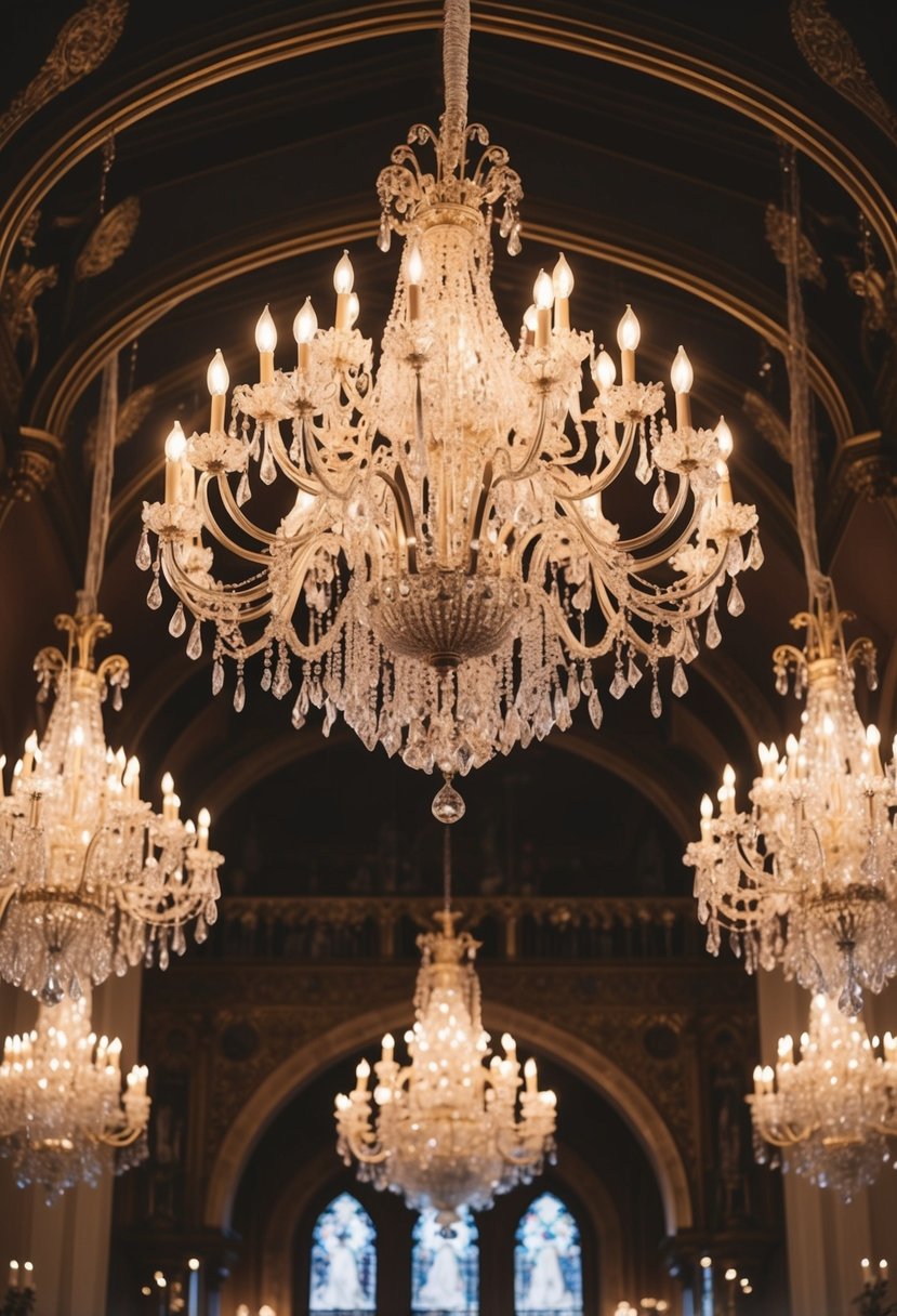 Gothic chandeliers hang from a high vaulted ceiling, casting a warm glow over a grand ballroom adorned with ornate, dark decor for a gothic wedding