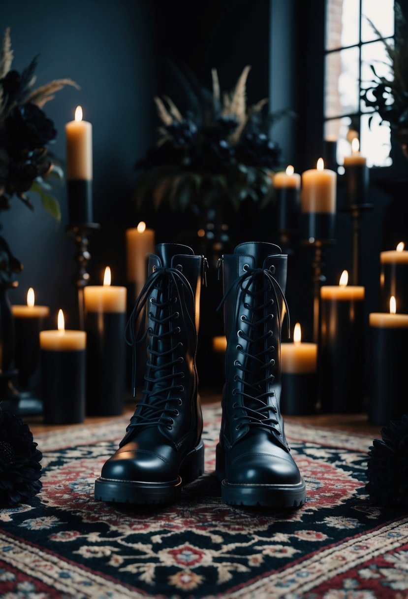 Lace-up combat boots stand on a dark, ornate rug in a dimly lit room, surrounded by black candles and gothic floral arrangements