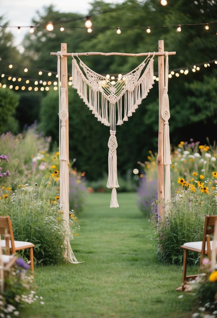 A bohemian wedding arch adorned with macrame hangs in a lush garden setting, surrounded by wildflowers and twinkling fairy lights