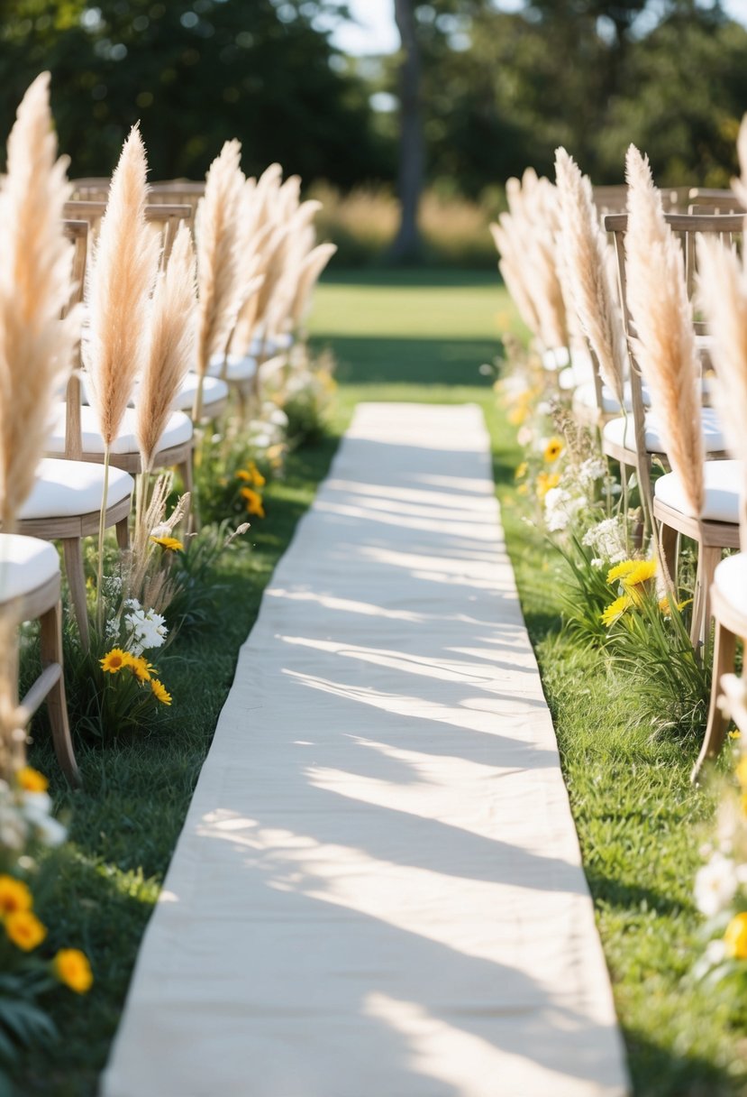 A rustic boho aisle runner lined with pampas grass and wildflowers in a sunlit outdoor setting