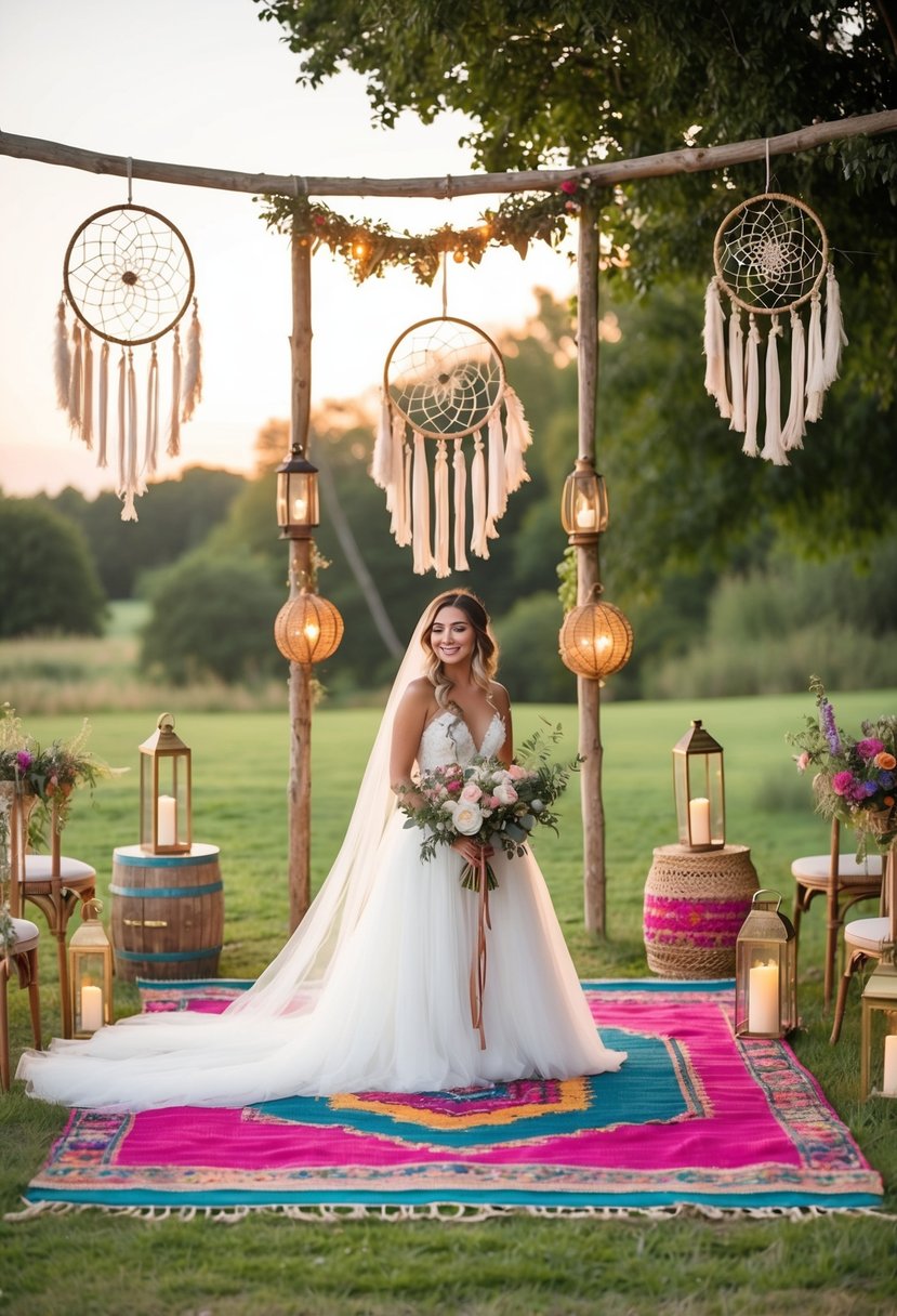 A serene outdoor boho wedding with dreamcatcher backdrops, colorful rugs, and hanging lanterns creating a whimsical and romantic atmosphere