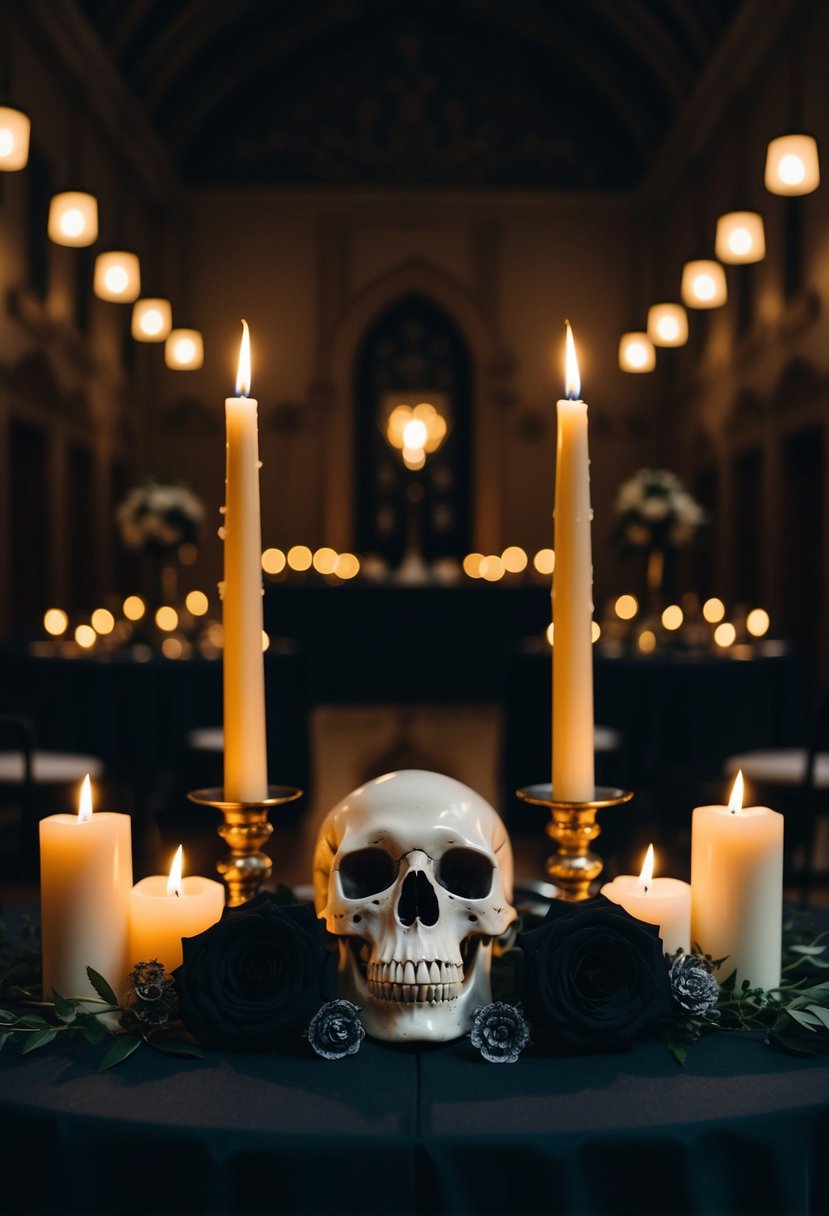 A dark, candlelit hall with ornate skull decorations, black roses, and gothic wedding attire