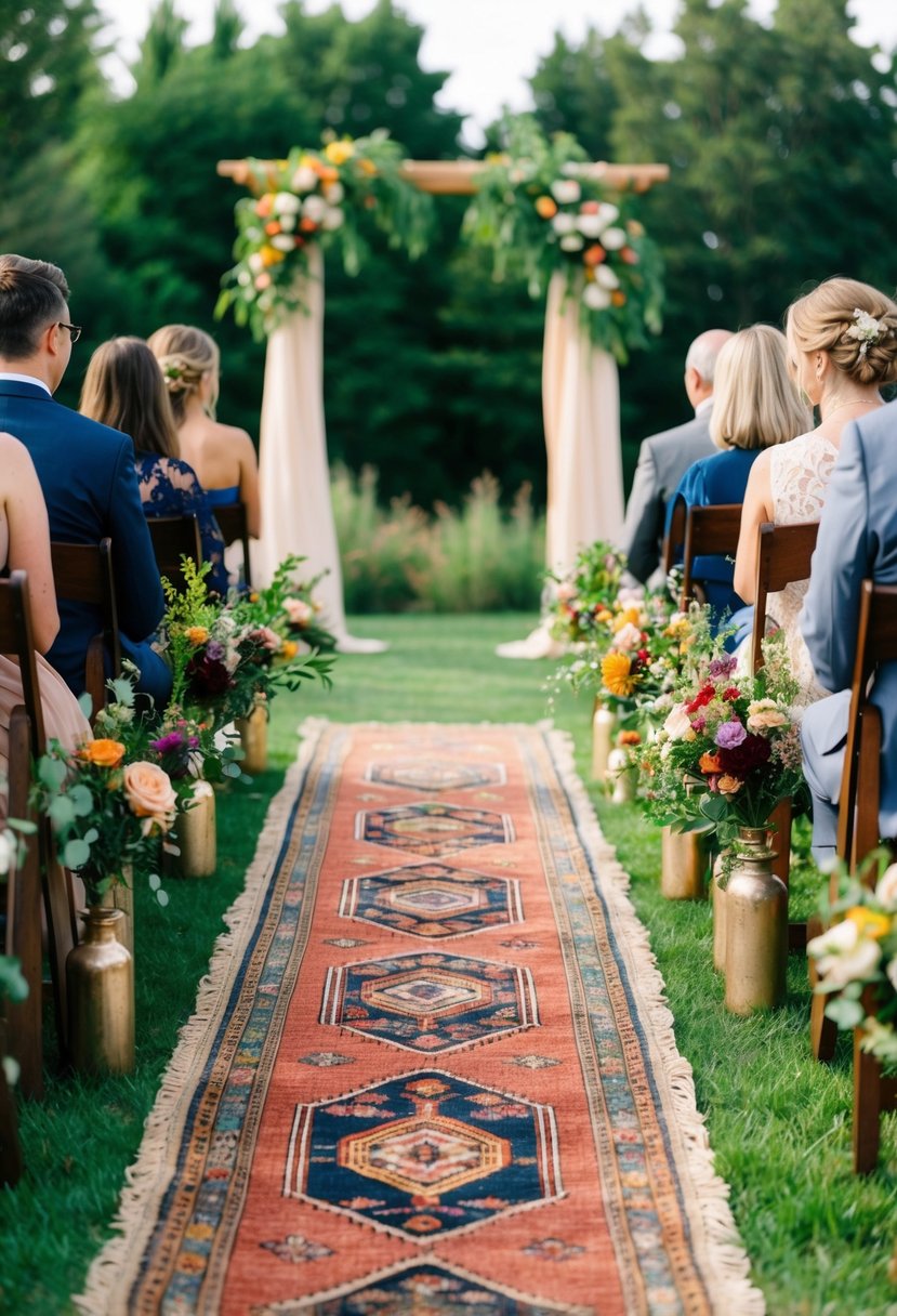 A boho wedding ceremony with vintage rugs as aisle runners, surrounded by lush greenery and colorful floral arrangements