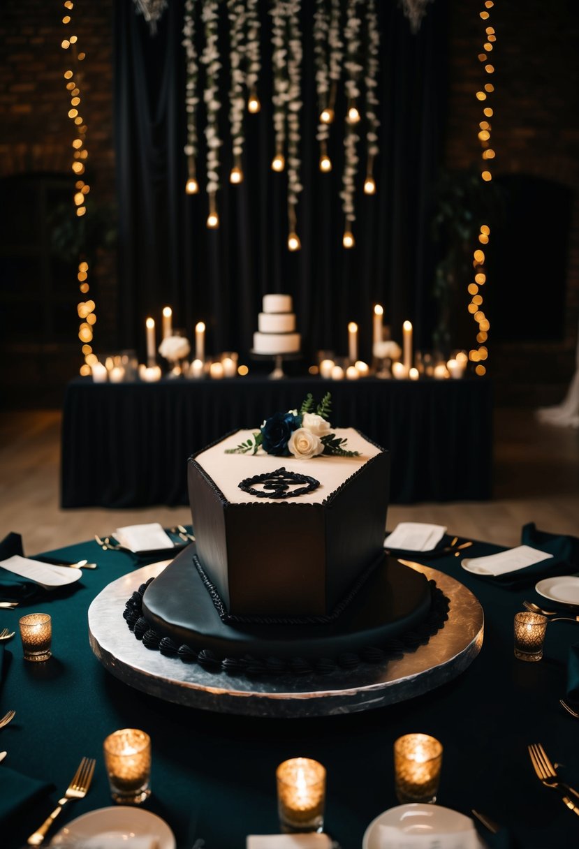 A dark, gothic-themed wedding reception with a coffin-shaped cake as the centerpiece. Sinister decor and dim lighting set the mood