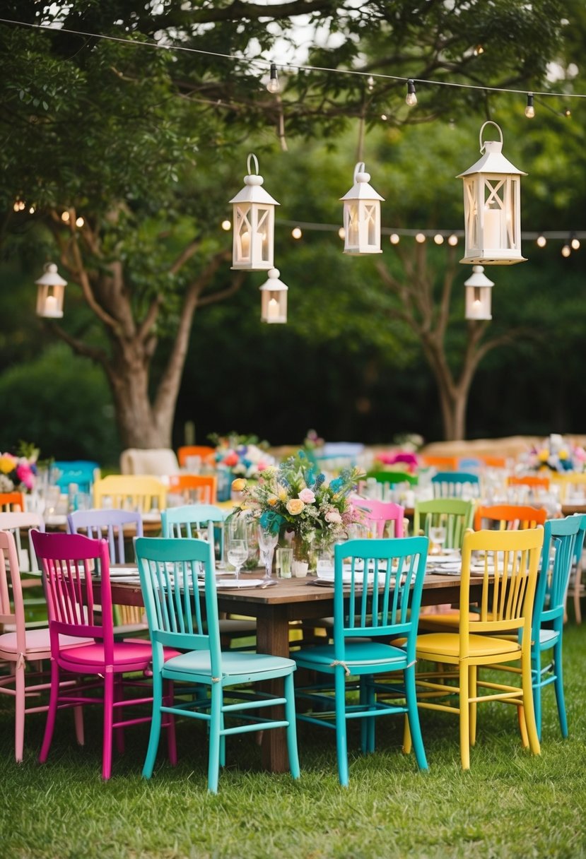 An outdoor wedding with a mix of colorful, mismatched chairs arranged around a low wooden table. Lanterns hang from nearby trees, creating a bohemian atmosphere