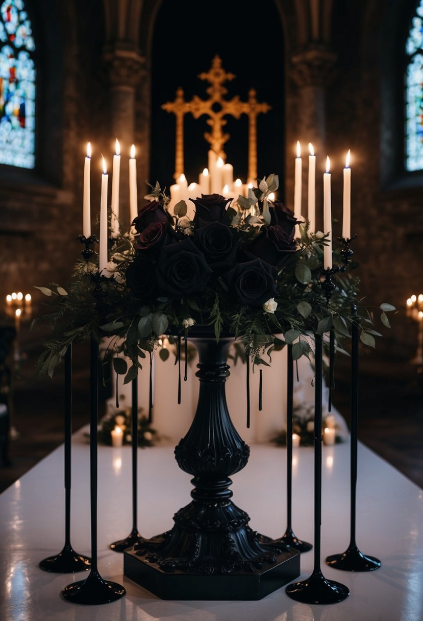 A dimly lit, ornate gothic wedding altar adorned with black roses and dripping candles