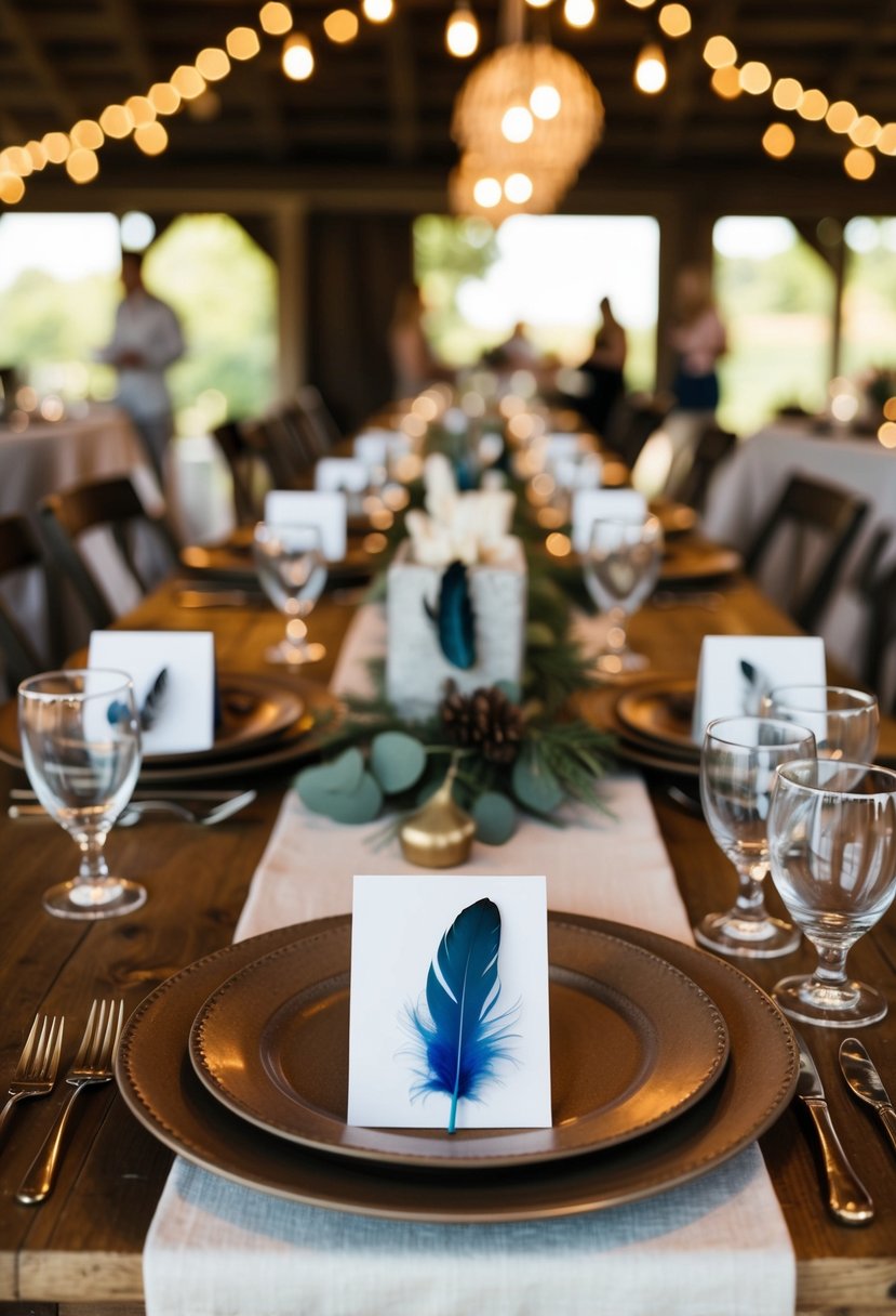 A rustic table set with feather place cards and bohemian decor for a wedding