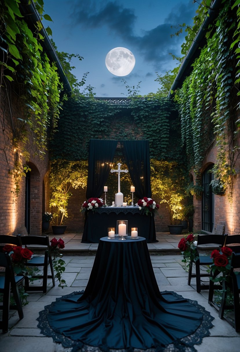 A gothic wedding scene: A moonlit courtyard with overgrown ivy, a black lace-draped altar, and blood-red roses