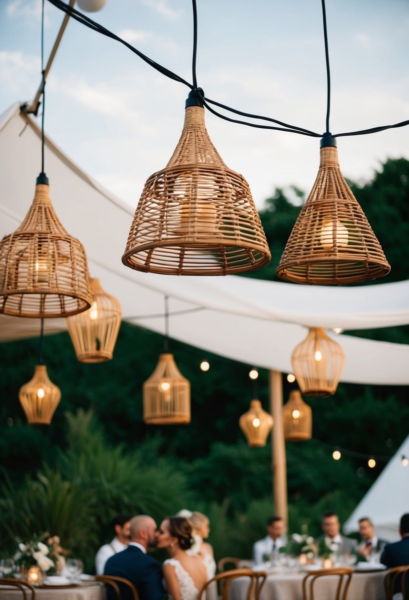 A cozy outdoor wedding scene with rattan light fixtures hanging from a canopy, creating a boho and romantic atmosphere