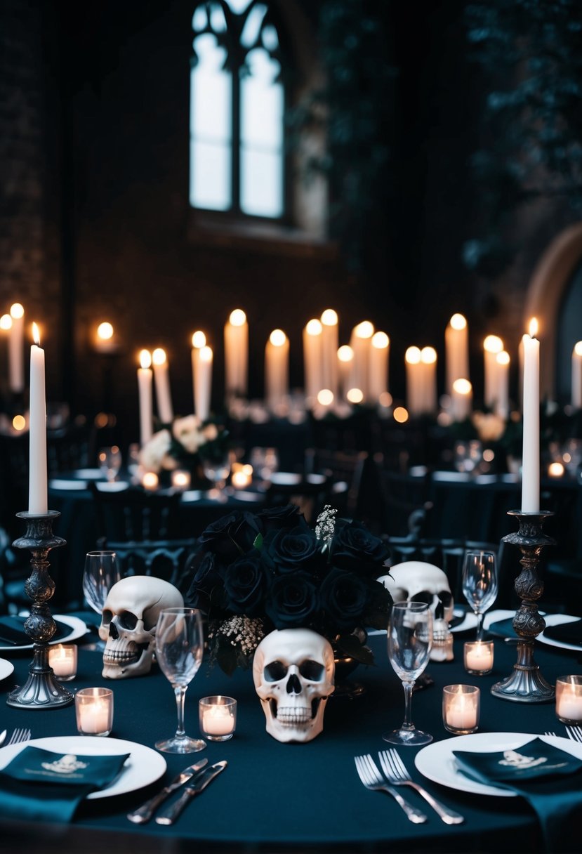 A dark, gothic wedding table adorned with Halloween-themed centerpieces, featuring black roses, skull candle holders, and eerie candelabras