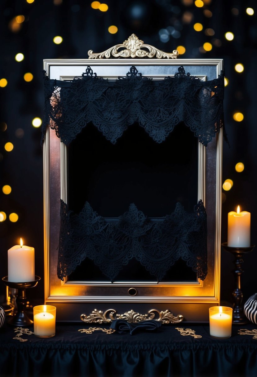 A dimly lit photo booth adorned with black lace, candles, and eerie props