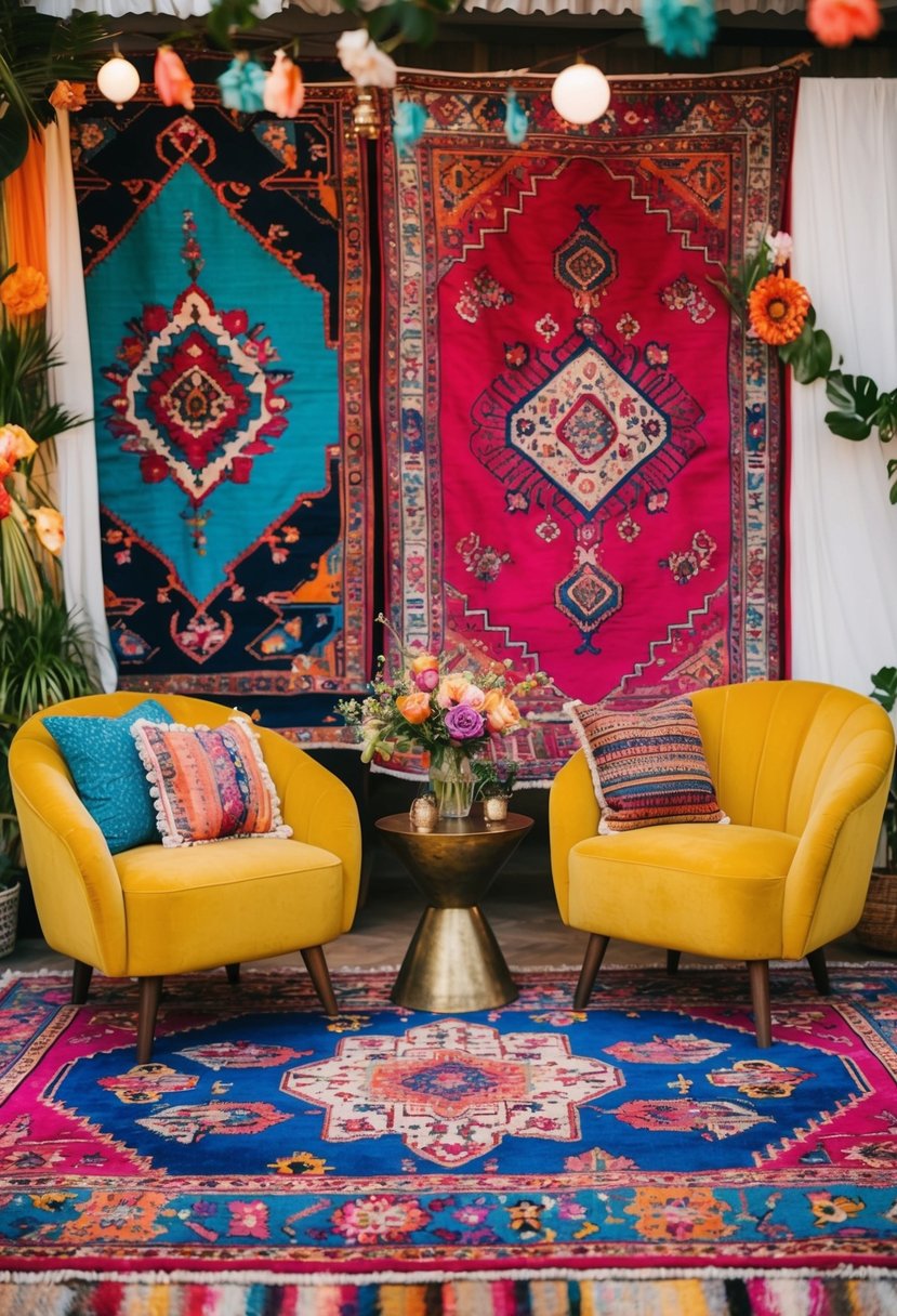 A vibrant bohemian wedding setting with colorful Persian rugs and eclectic decor