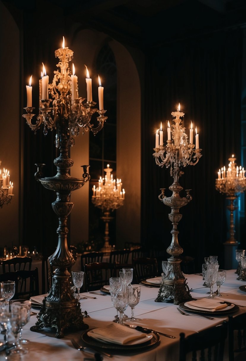 A dimly lit room adorned with ornate vintage candelabras, casting eerie shadows in a gothic wedding setting