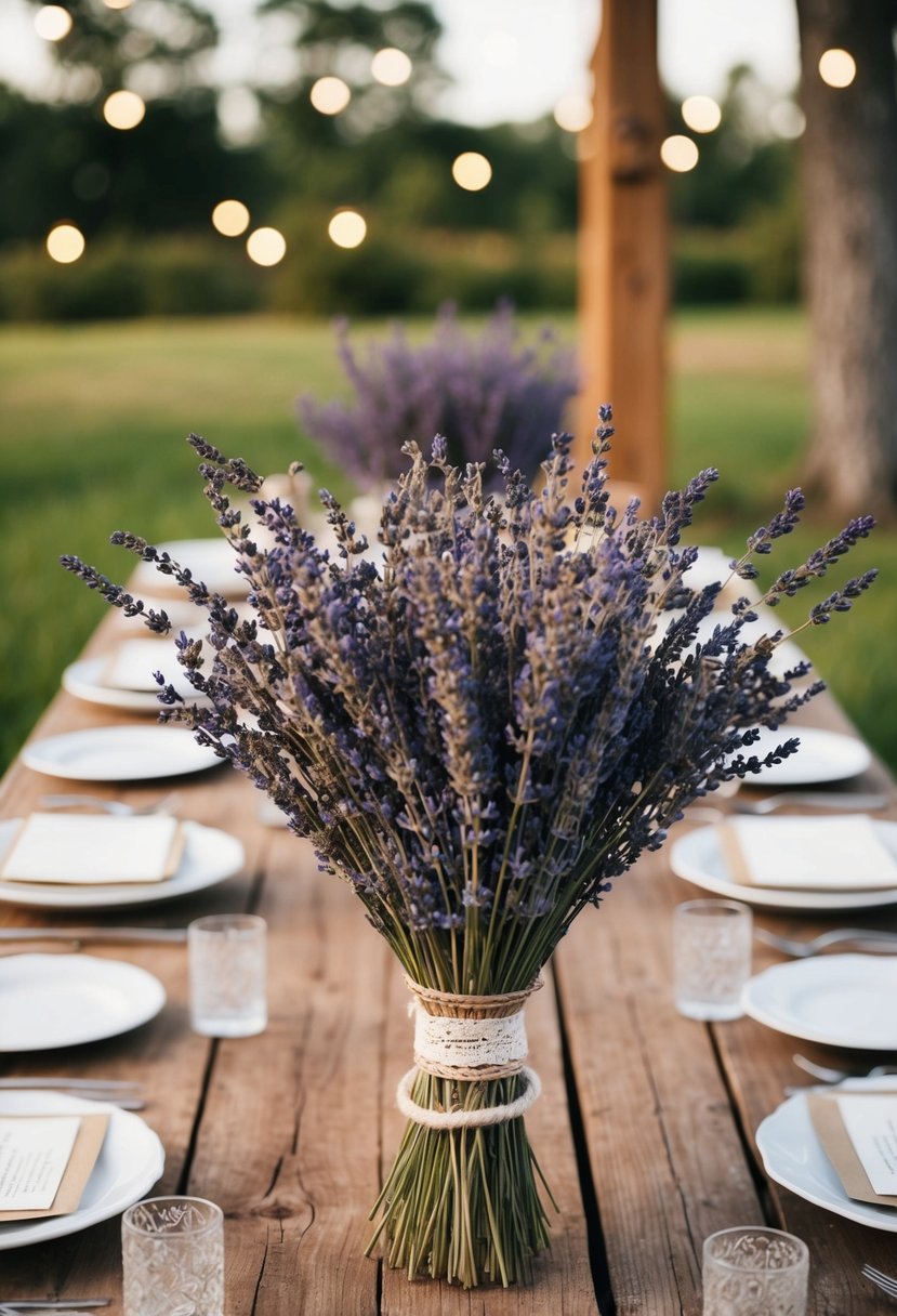 A rustic wooden table adorned with dried lavender bouquets and vintage boho wedding decor