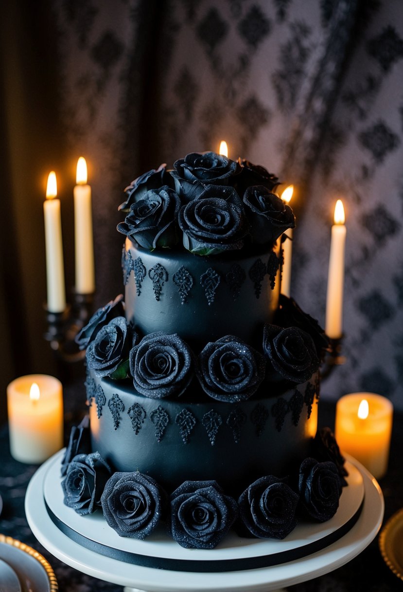 Sugared black roses adorn a gothic wedding cake, surrounded by flickering candles and dark lace