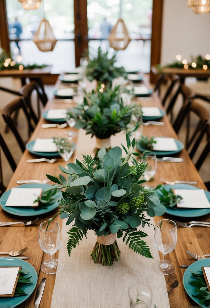 Sage greenery centerpieces arranged on wooden tables at a boho wedding reception