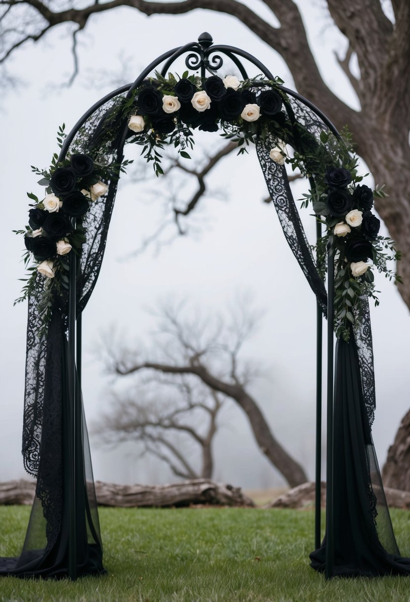 A black, wrought-iron wedding arch adorned with dark roses and draped in black lace, set against a backdrop of gnarled trees and mist