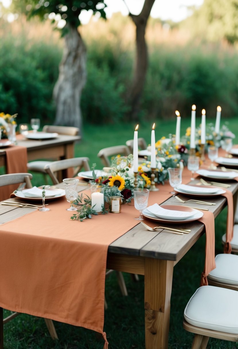 Terracotta cheesecloth table runners draped over wooden tables at a boho wedding, adorned with wildflowers and candles