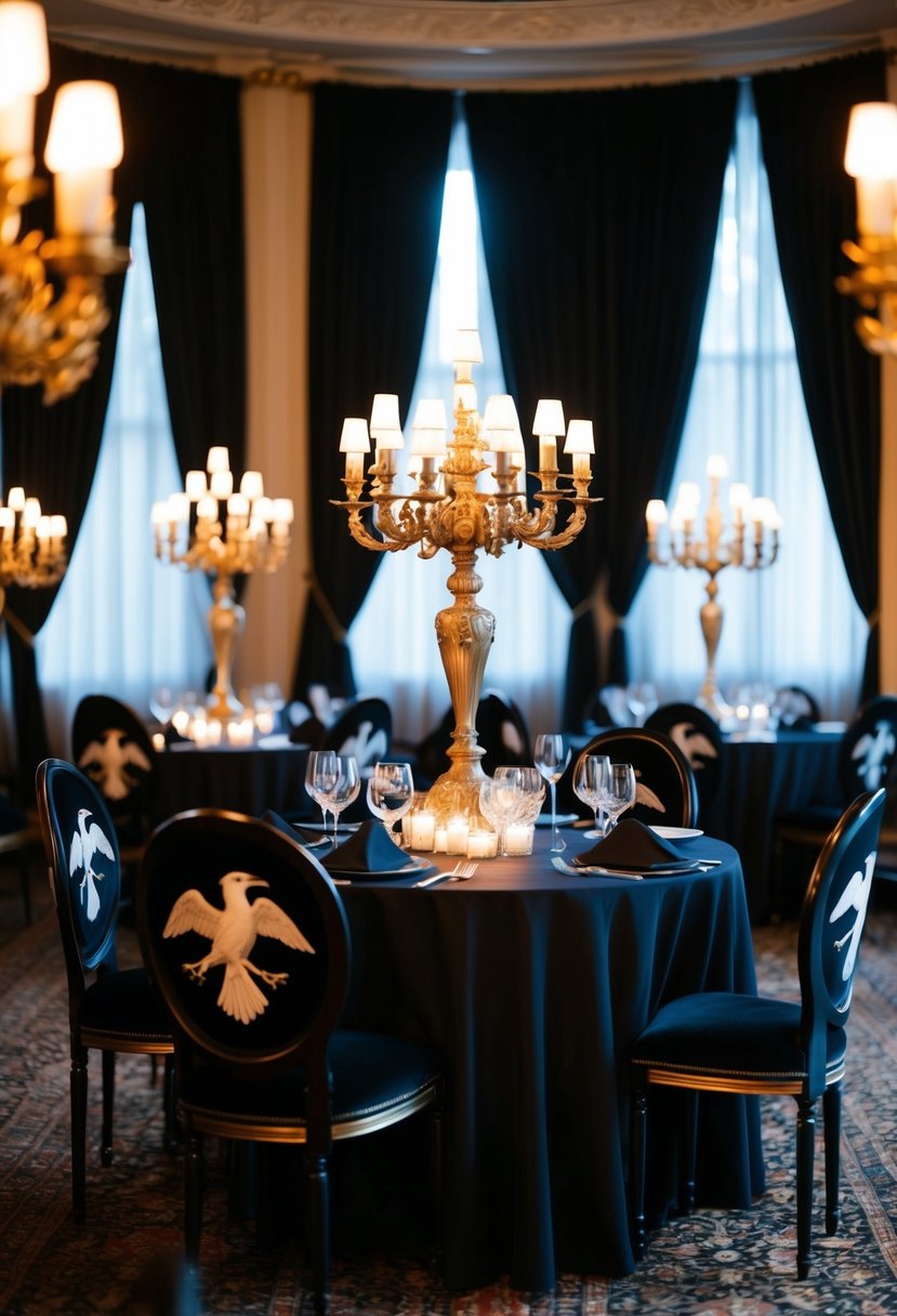 A dimly lit room with black velvet drapes, ornate candelabras, and raven motifs adorning the tables and chairs