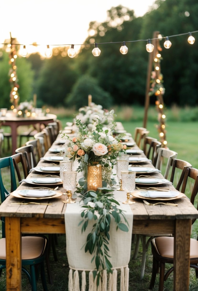 A cozy outdoor setting with mismatched rustic wooden tables adorned with bohemian decor for a whimsical wedding celebration