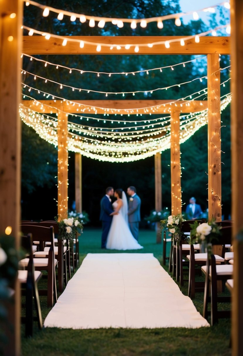 A whimsical outdoor wedding with fairy light canopies draped over wooden beams, creating a magical and romantic atmosphere